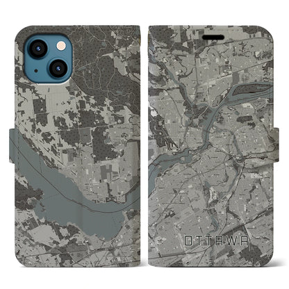 【オタワ（カナダ）】地図柄iPhoneケース（手帳タイプ）モノトーン・iPhone 13 用
