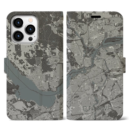 【オタワ（カナダ）】地図柄iPhoneケース（手帳タイプ）モノトーン・iPhone 13 Pro 用