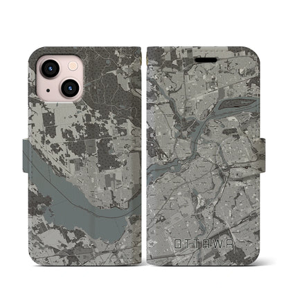 【オタワ（カナダ）】地図柄iPhoneケース（手帳タイプ）モノトーン・iPhone 13 mini 用