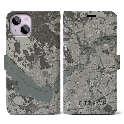 【オタワ（カナダ）】地図柄iPhoneケース（手帳タイプ）モノトーン・iPhone 14 用