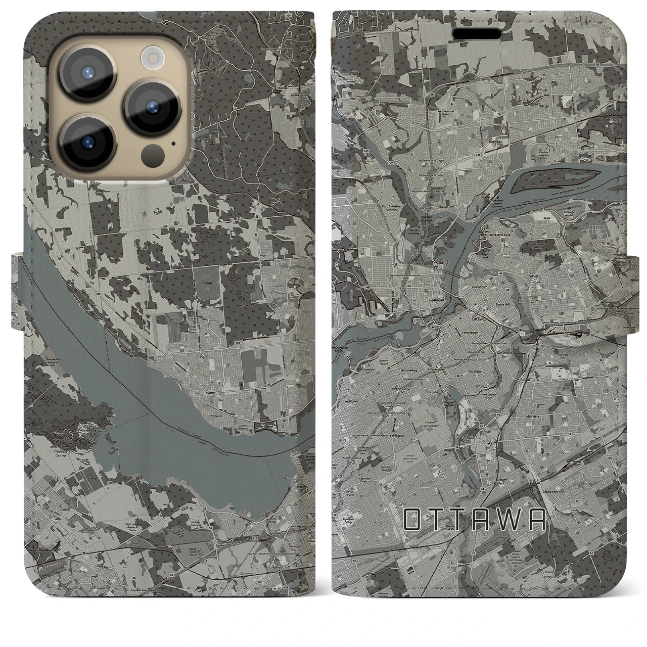 【オタワ】地図柄iPhoneケース（手帳両面タイプ・モノトーン）iPhone 14 Pro Max 用