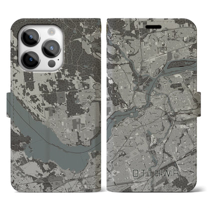 【オタワ（カナダ）】地図柄iPhoneケース（手帳タイプ）モノトーン・iPhone 14 Pro 用