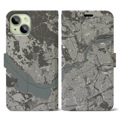 【オタワ（カナダ）】地図柄iPhoneケース（手帳タイプ）モノトーン・iPhone 15 用