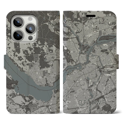 【オタワ（カナダ）】地図柄iPhoneケース（手帳タイプ）モノトーン・iPhone 15 Pro 用