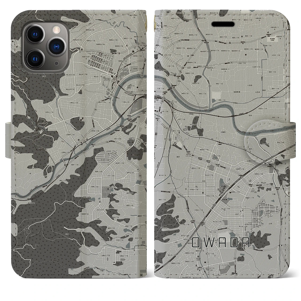 【大輪田】地図柄iPhoneケース（手帳両面タイプ・モノトーン）iPhone 11 Pro Max 用