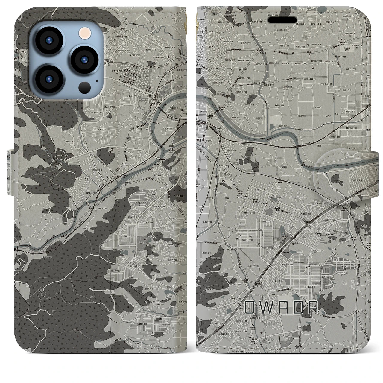 【大輪田】地図柄iPhoneケース（手帳両面タイプ・モノトーン）iPhone 13 Pro Max 用