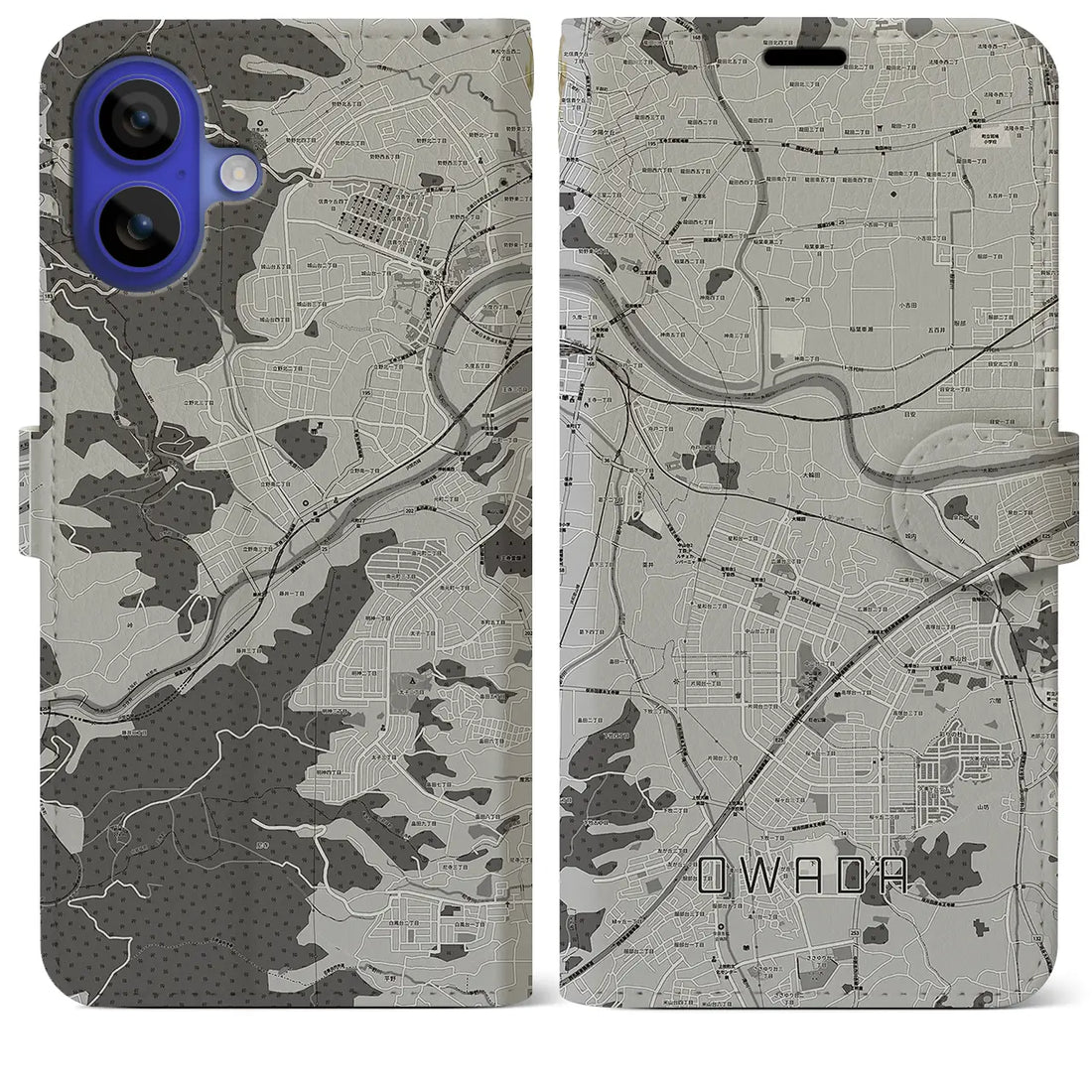 【大輪田(奈良県)】地図柄iPhoneケース(手帳タイプ)モノトーン・iPhone 16 Pro Max 用