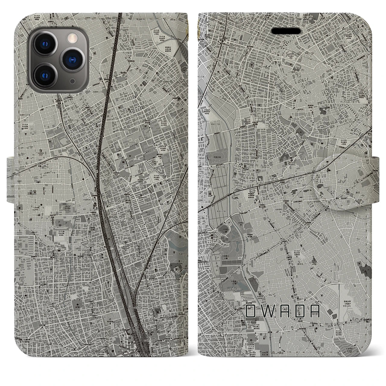 【大和田】地図柄iPhoneケース（手帳両面タイプ・モノトーン）iPhone 11 Pro Max 用