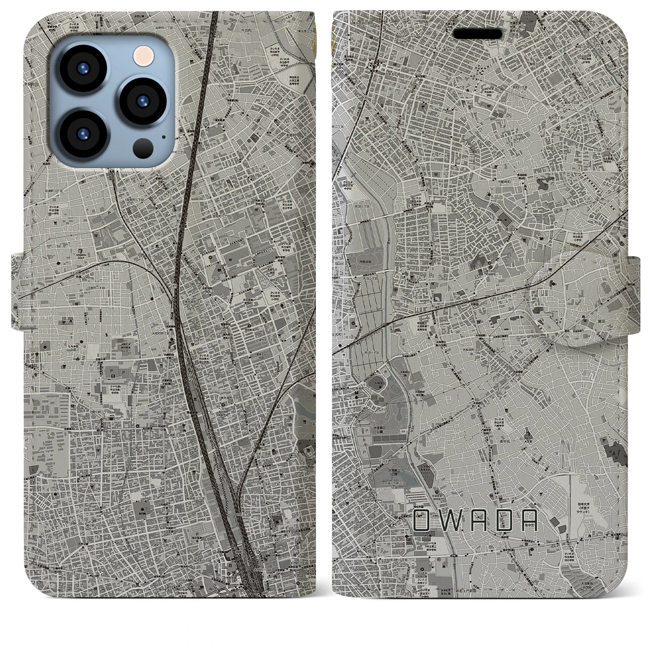 【大和田】地図柄iPhoneケース（手帳両面タイプ・モノトーン）iPhone 13 Pro Max 用