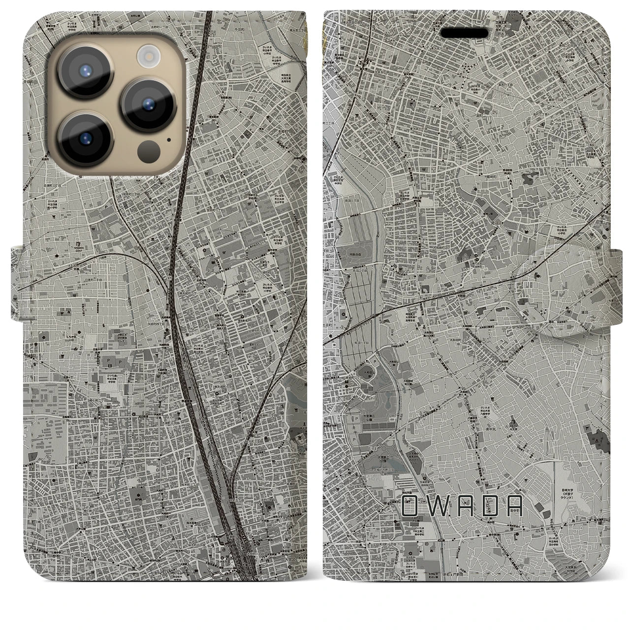 【大和田】地図柄iPhoneケース（手帳両面タイプ・モノトーン）iPhone 14 Pro Max 用