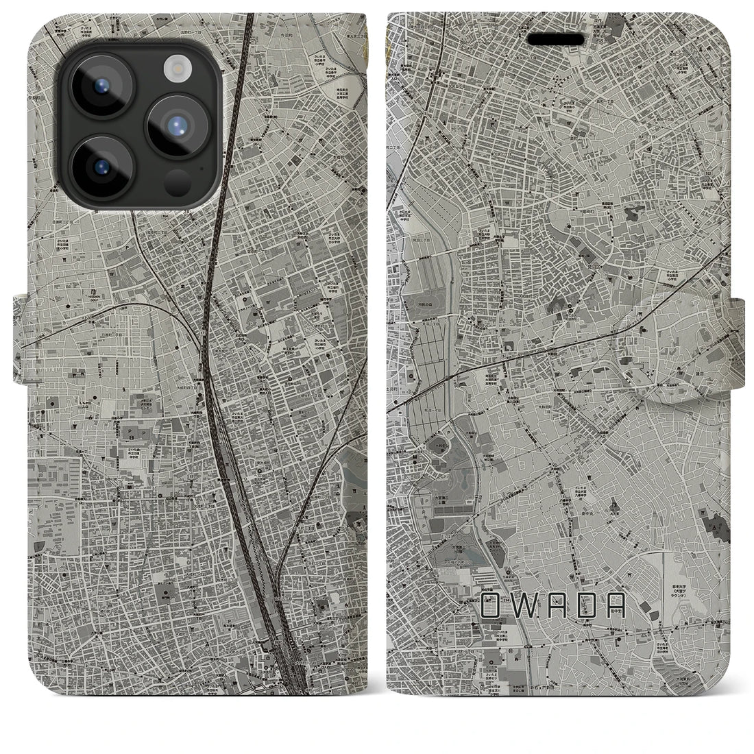 【大和田】地図柄iPhoneケース（手帳両面タイプ・モノトーン）iPhone 15 Pro Max 用