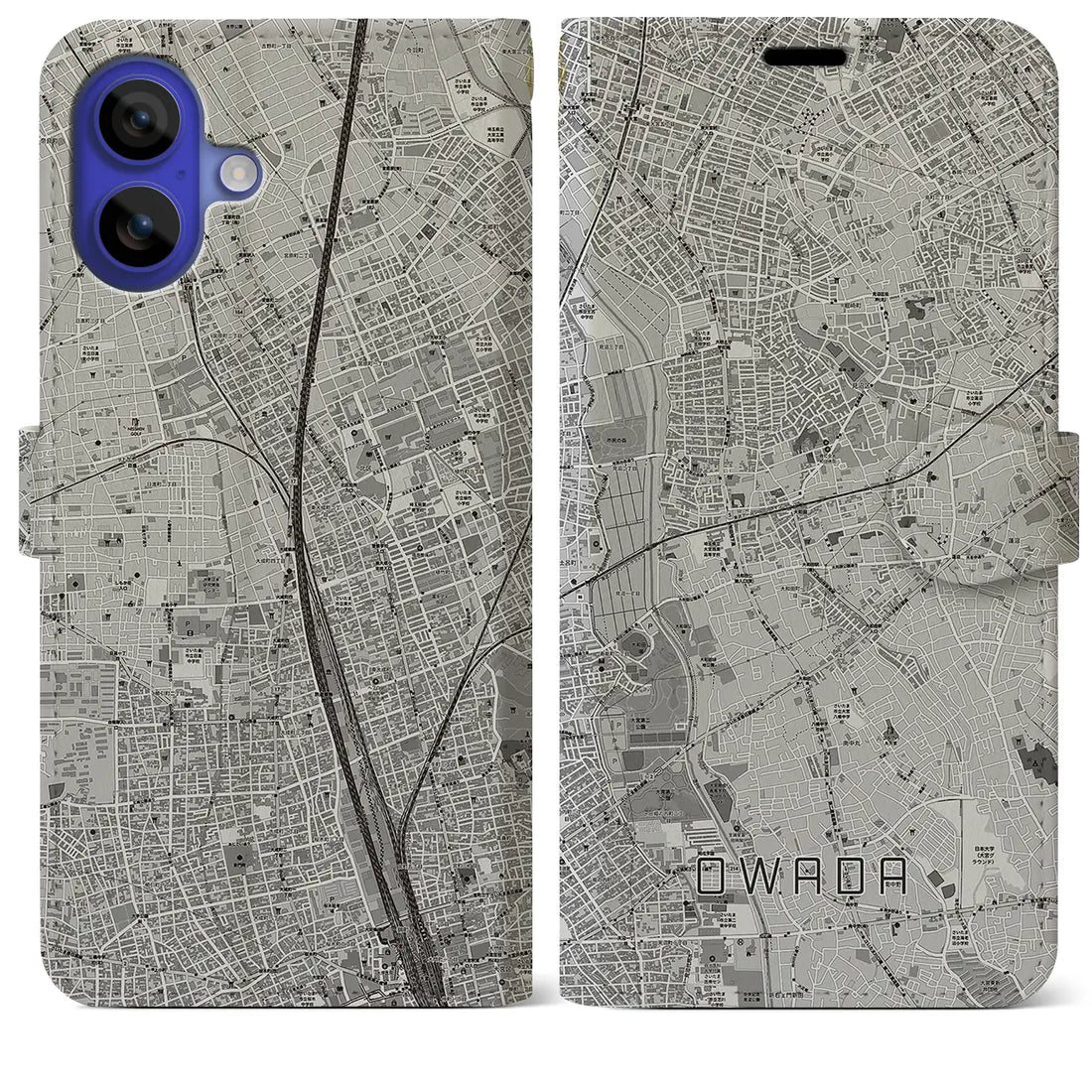 【大和田(埼玉県)】地図柄iPhoneケース(手帳タイプ)モノトーン・iPhone 16 Pro Max 用