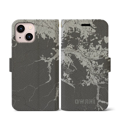 【大鰐（青森県）】地図柄iPhoneケース（手帳タイプ）モノトーン・iPhone 13 mini 用