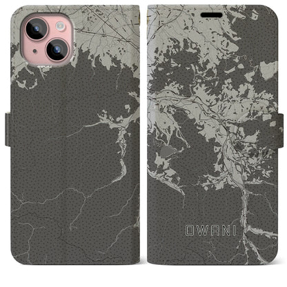 【大鰐（青森県）】地図柄iPhoneケース（手帳タイプ）モノトーン・iPhone 15 Plus 用