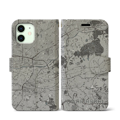 【尾張旭（愛知県）】地図柄iPhoneケース（手帳タイプ）モノトーン・iPhone 12 mini 用