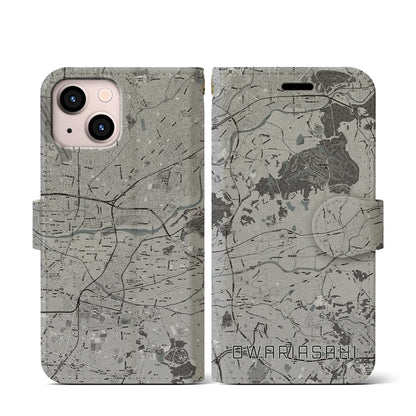 【尾張旭（愛知県）】地図柄iPhoneケース（手帳タイプ）モノトーン・iPhone 13 mini 用