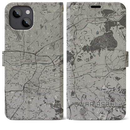 【尾張旭（愛知県）】地図柄iPhoneケース（手帳タイプ）モノトーン・iPhone 14 Plus 用