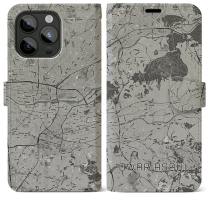 【尾張旭（愛知県）】地図柄iPhoneケース（手帳タイプ）モノトーン・iPhone 15 Pro Max 用