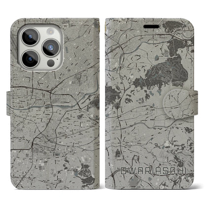 【尾張旭（愛知県）】地図柄iPhoneケース（手帳タイプ）モノトーン・iPhone 15 Pro 用