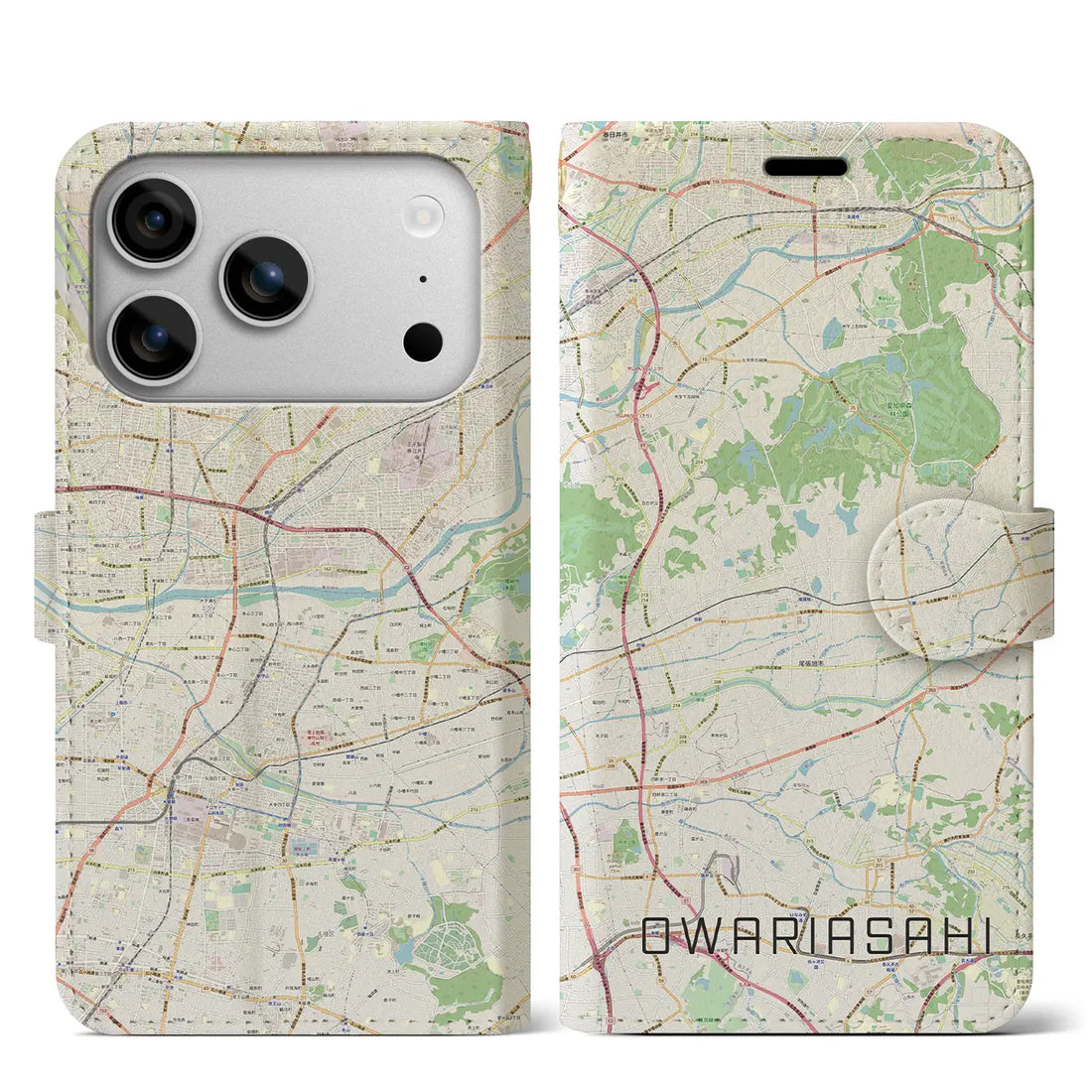 【尾張旭(愛知県)】地図柄iPhoneケース(手帳タイプ)ナチュラル・iPhone 17 Pro Max 用