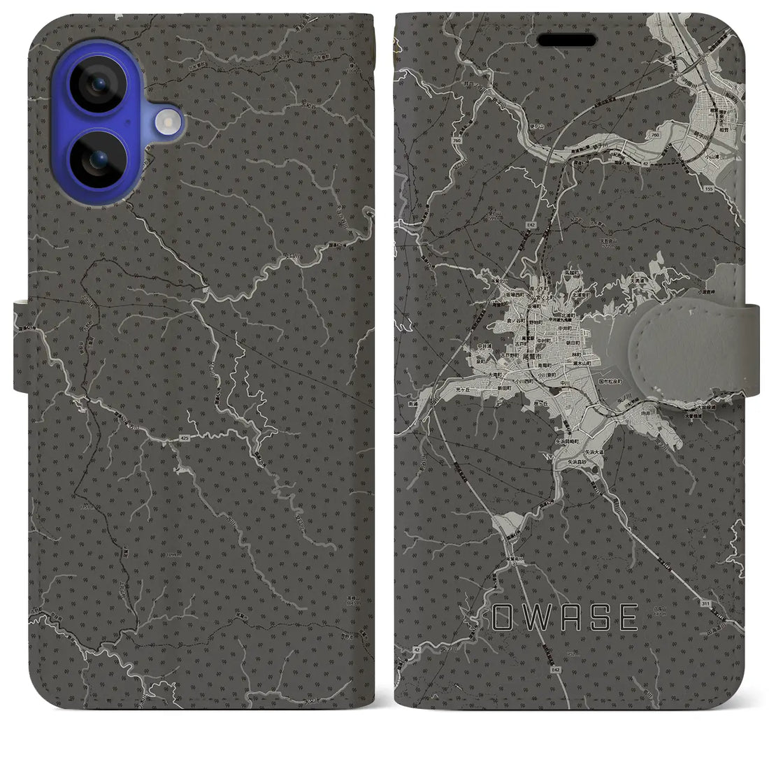 【尾鷲2(三重県)】地図柄iPhoneケース(手帳タイプ)モノトーン・iPhone 16 Pro Max 用