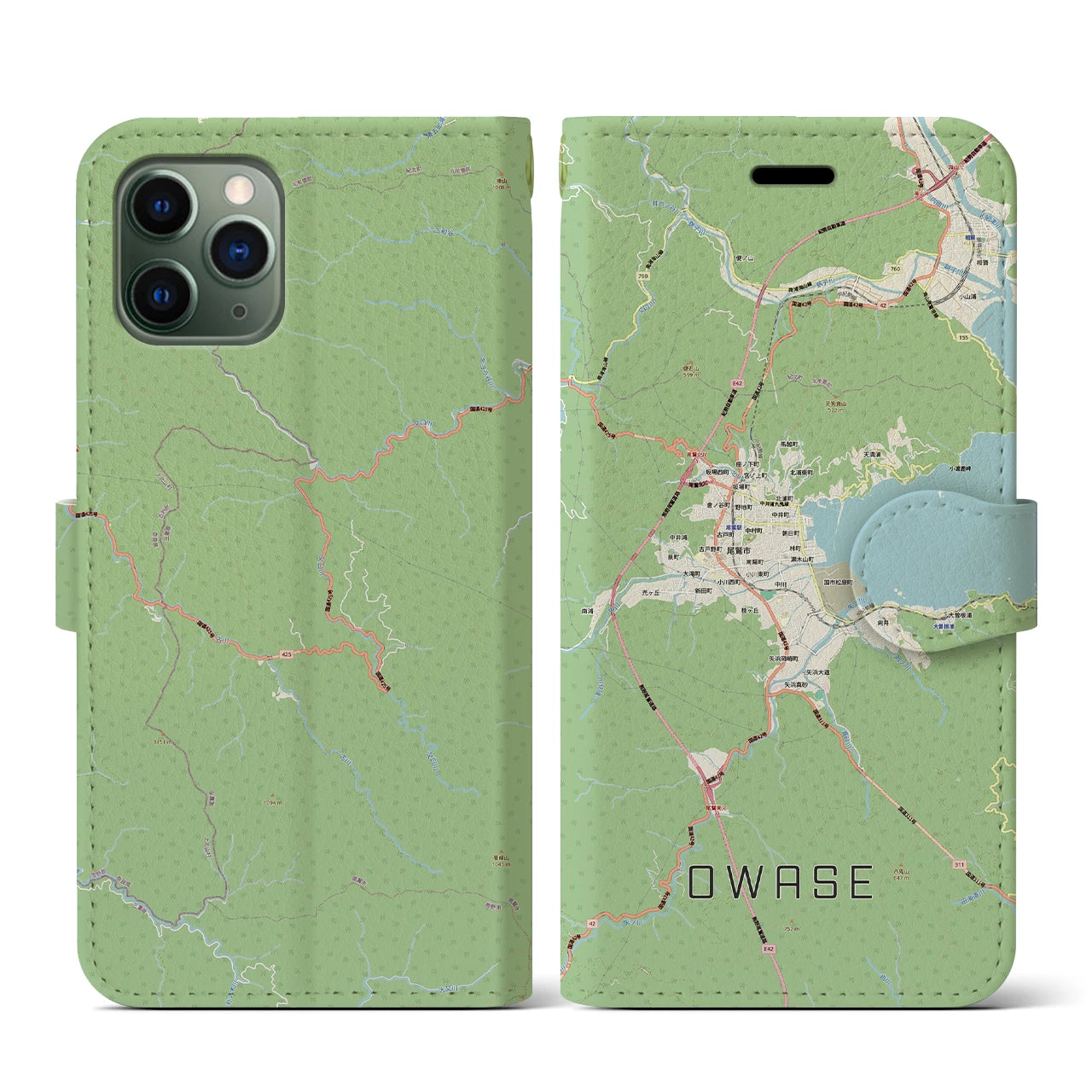 【尾鷲2（三重県）】地図柄iPhoneケース（手帳タイプ）ナチュラル・iPhone 11 Pro 用