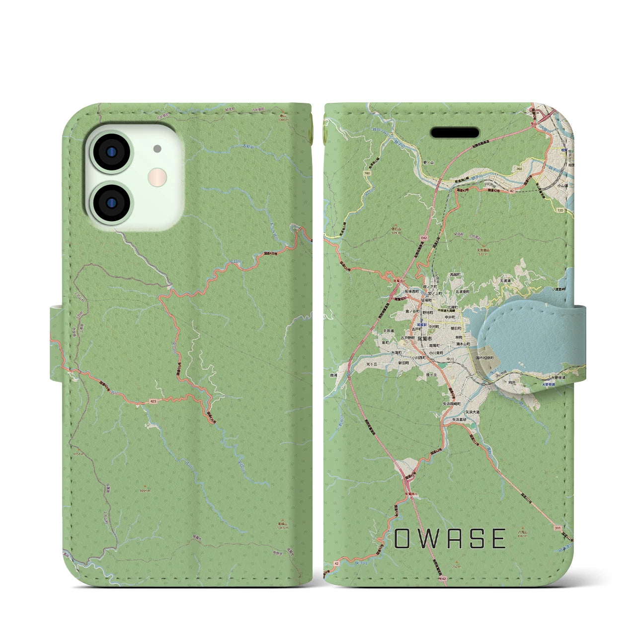 【尾鷲2（三重県）】地図柄iPhoneケース（手帳タイプ）ナチュラル・iPhone 12 mini 用