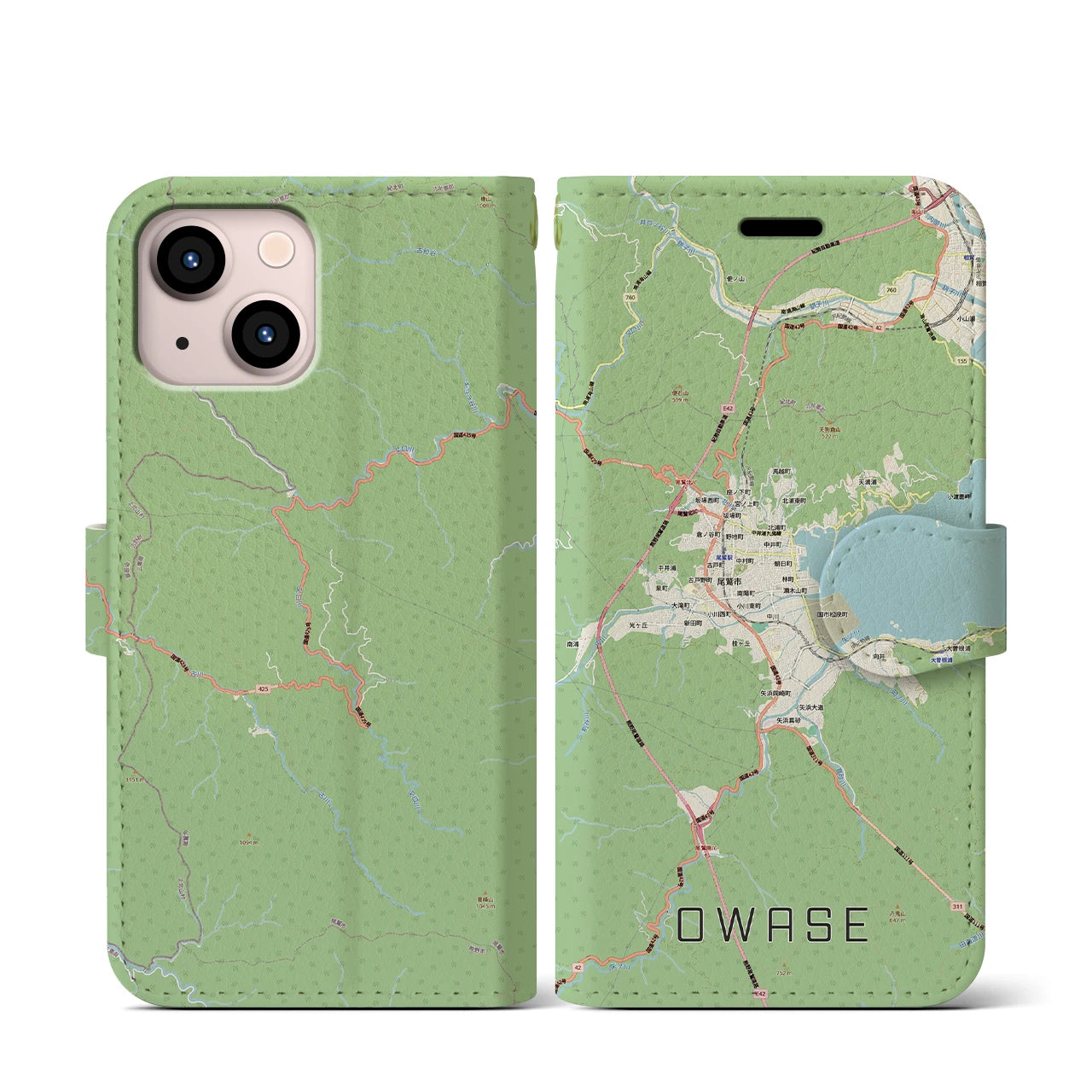 【尾鷲2（三重県）】地図柄iPhoneケース（手帳タイプ）ナチュラル・iPhone 13 mini 用