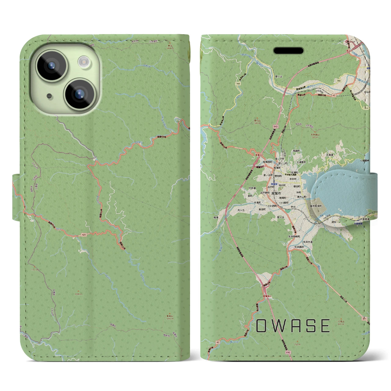 【尾鷲2（三重県）】地図柄iPhoneケース（手帳タイプ）ナチュラル・iPhone 15 用