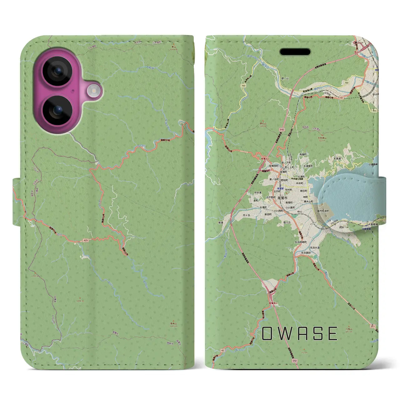 【尾鷲2（三重県）】地図柄iPhoneケース（手帳タイプ）ナチュラル・iPhone 16 Pro 用