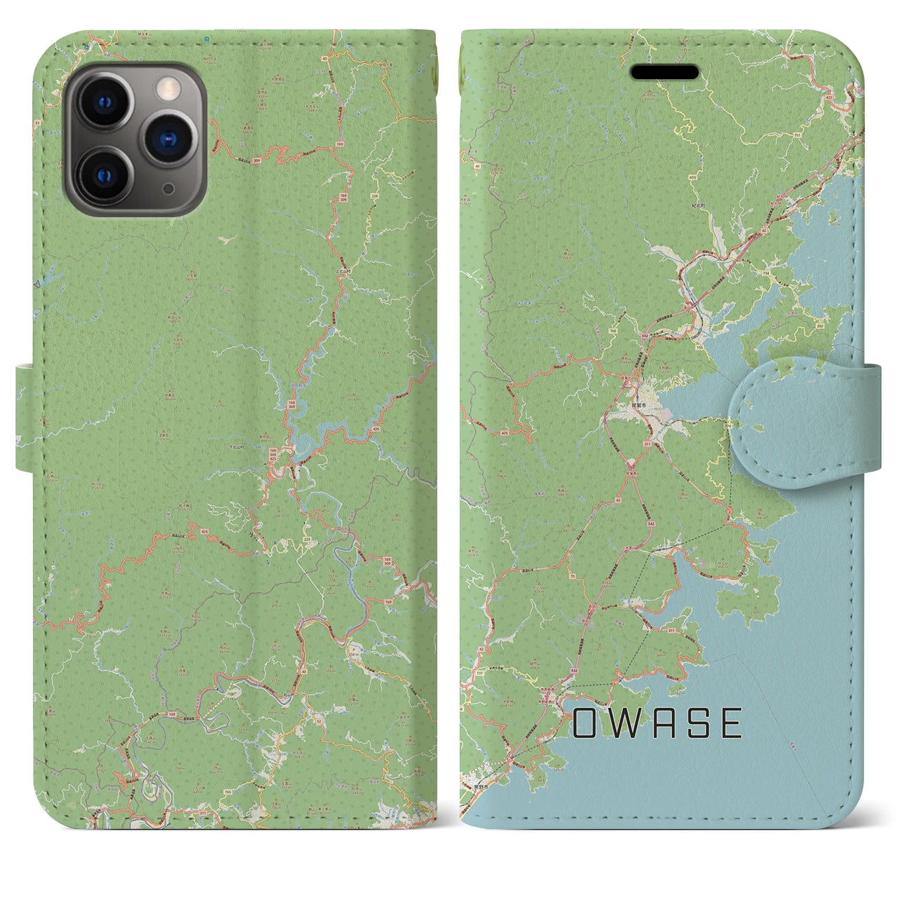 【尾鷲（三重県）】地図柄iPhoneケース（手帳タイプ）ナチュラル・iPhone 11 Pro Max 用