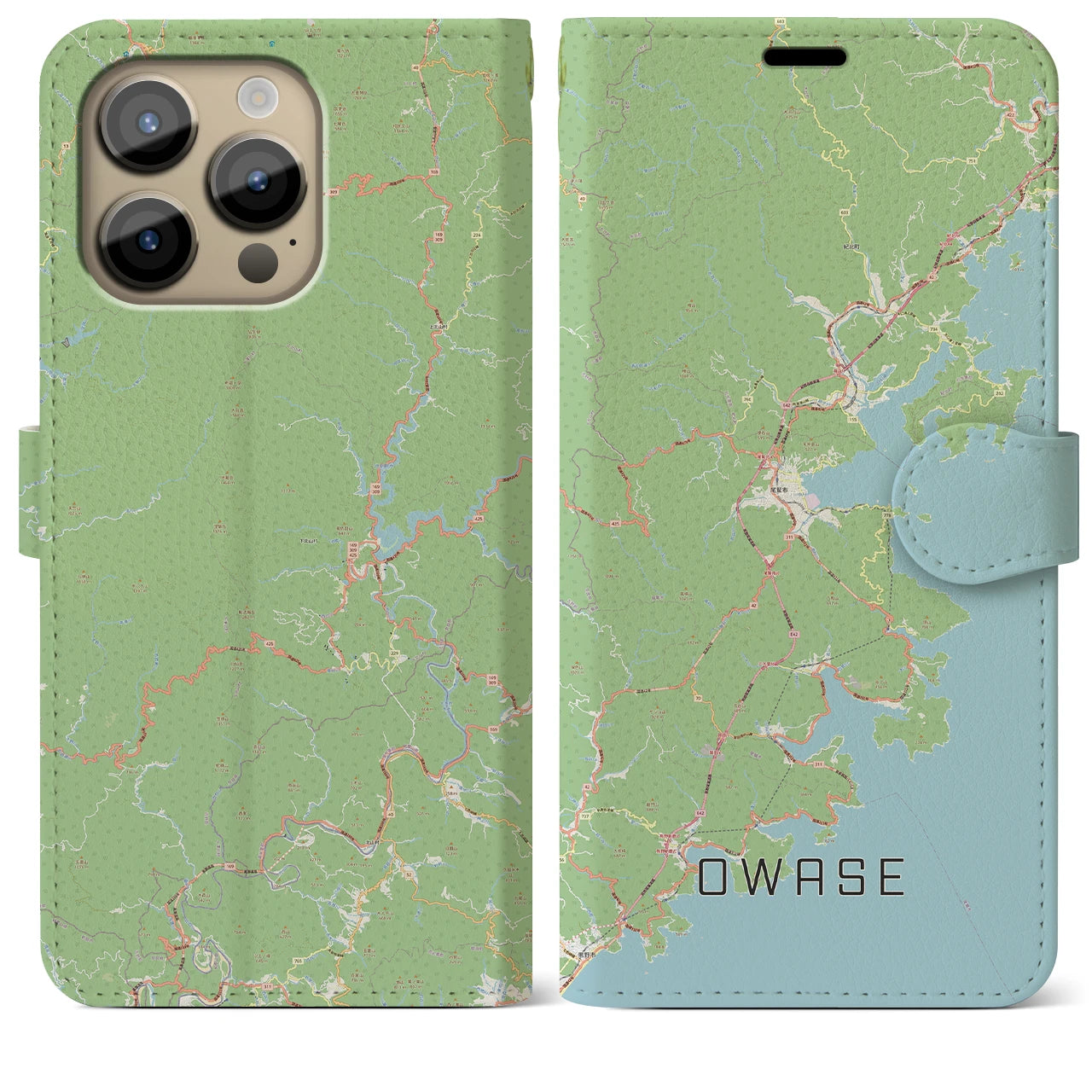 【尾鷲（三重県）】地図柄iPhoneケース（手帳タイプ）ナチュラル・iPhone 14 Pro Max 用