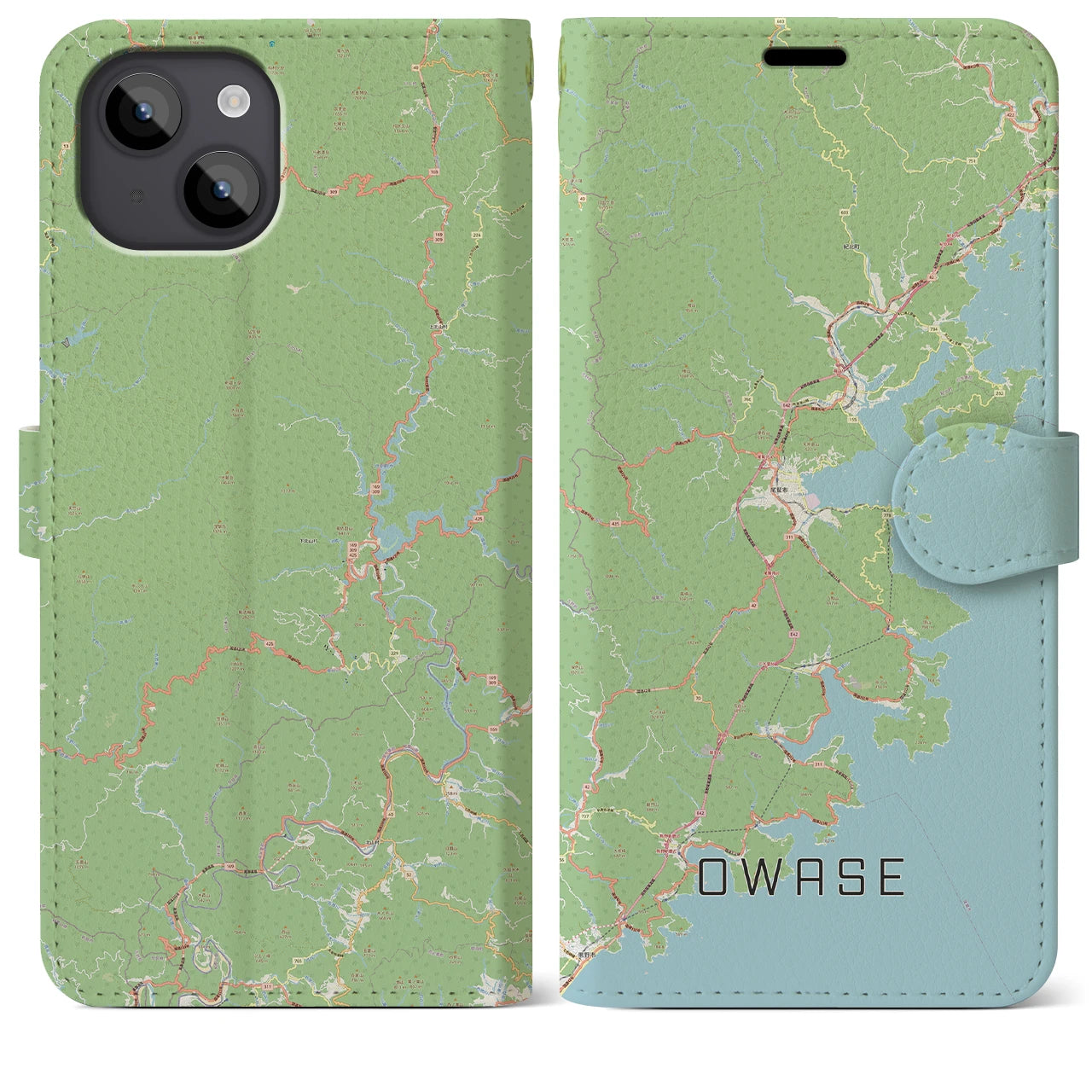 【尾鷲（三重県）】地図柄iPhoneケース（手帳タイプ）ナチュラル・iPhone 14 Plus 用