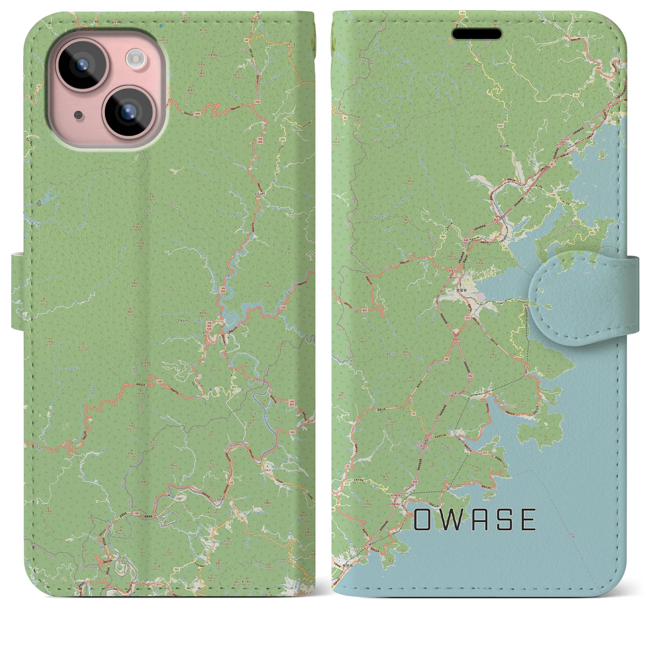 【尾鷲（三重県）】地図柄iPhoneケース（手帳タイプ）ナチュラル・iPhone 15 Plus 用