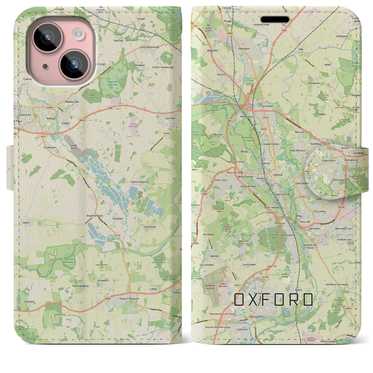 【オックスフォード（イギリス）】地図柄iPhoneケース（手帳タイプ）ナチュラル・iPhone 15 Plus 用