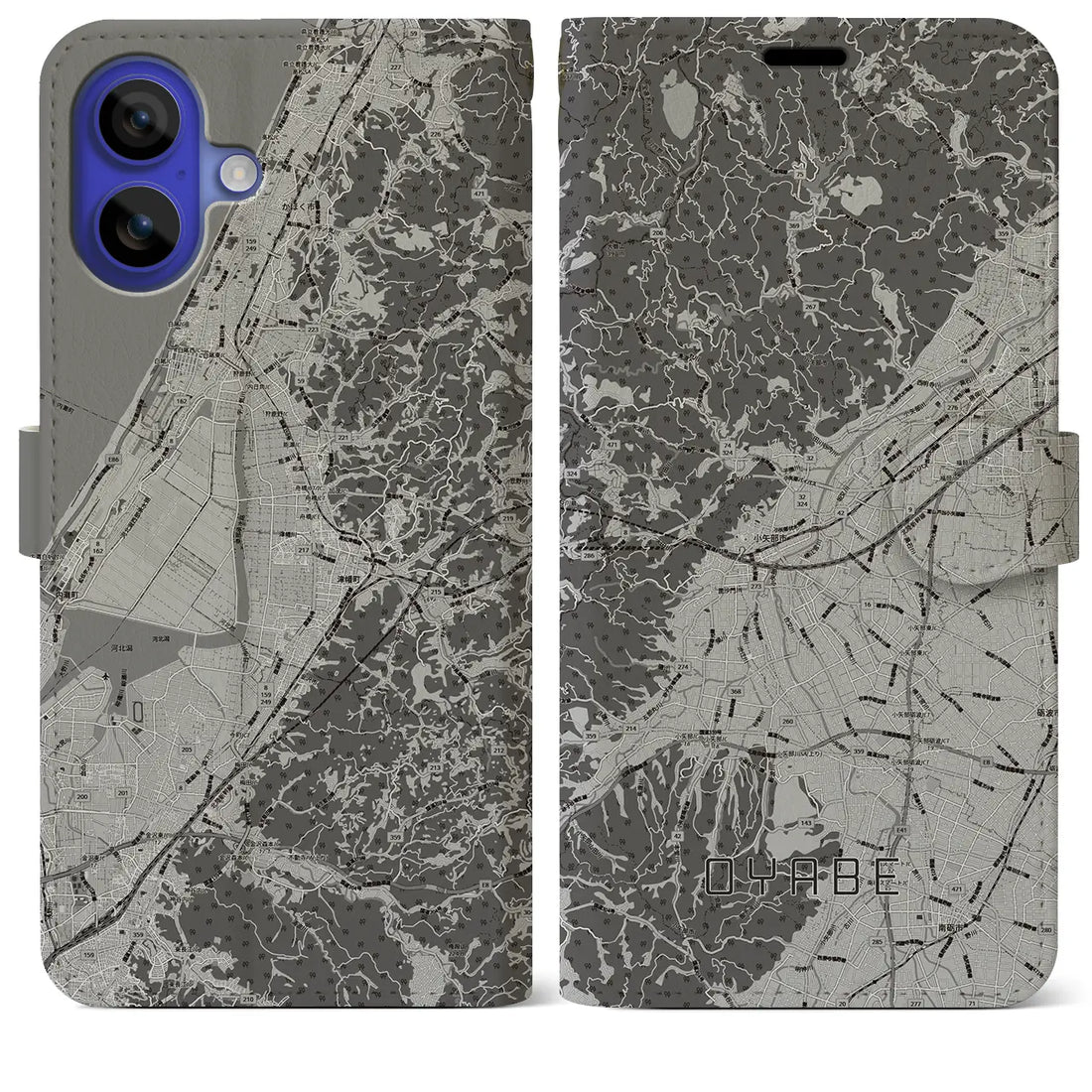 【小矢部(富山県)】地図柄iPhoneケース(手帳タイプ)モノトーン・iPhone 16 Pro Max 用