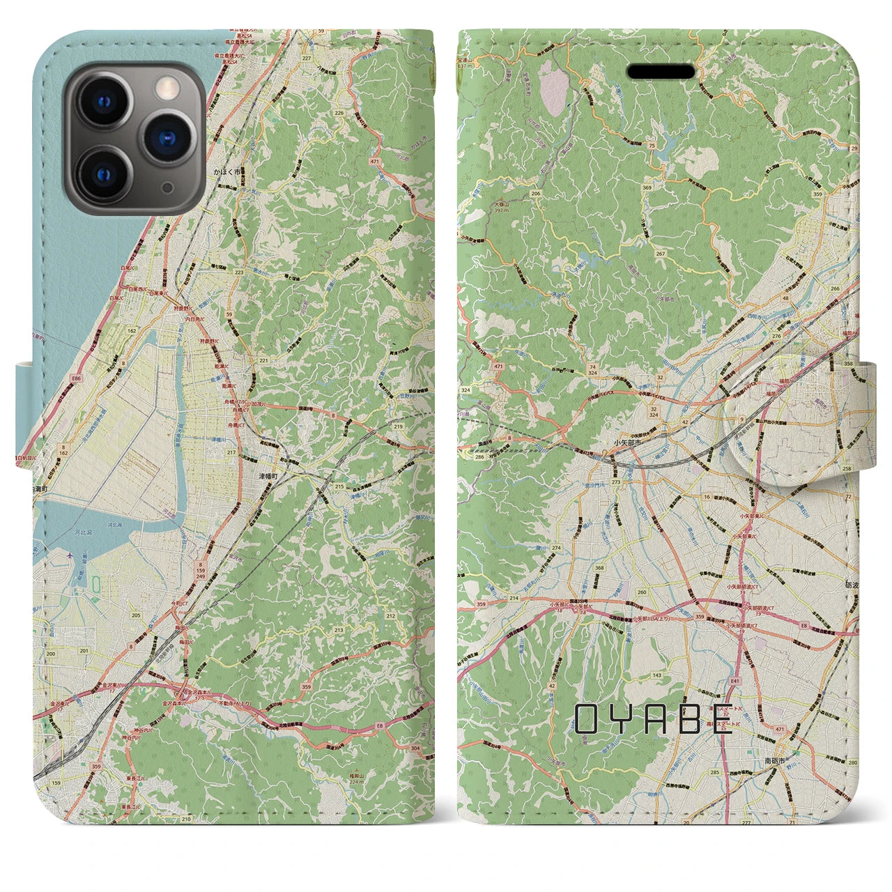 【小矢部（富山県）】地図柄iPhoneケース（手帳タイプ）ナチュラル・iPhone 11 Pro Max 用