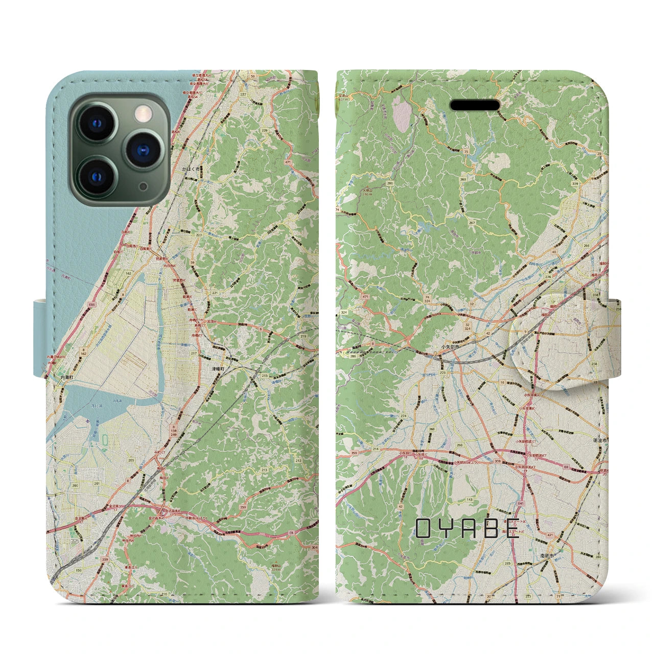 【小矢部（富山県）】地図柄iPhoneケース（手帳タイプ）ナチュラル・iPhone 11 Pro 用