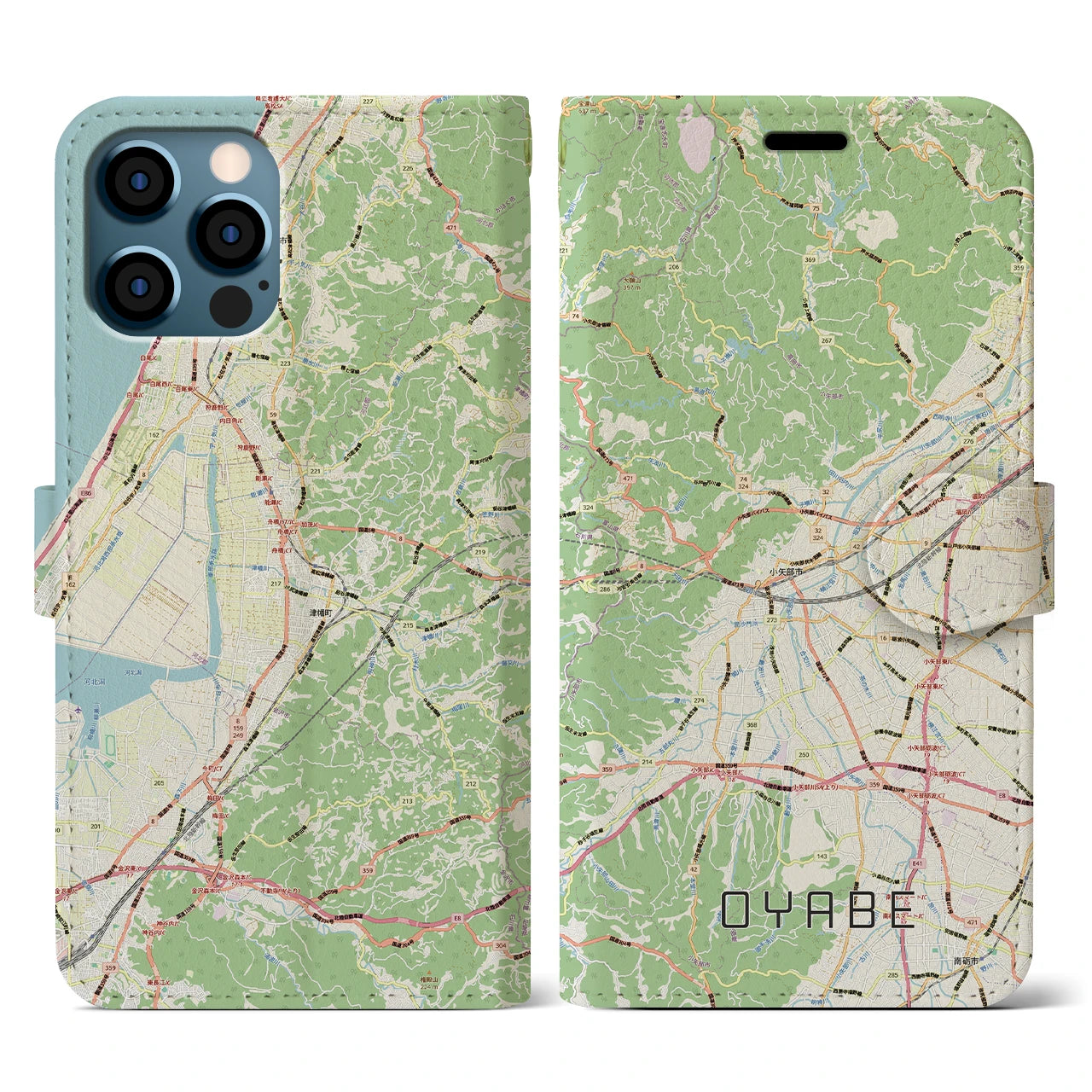 【小矢部（富山県）】地図柄iPhoneケース（手帳タイプ）ナチュラル・iPhone 12 / 12 Pro 用