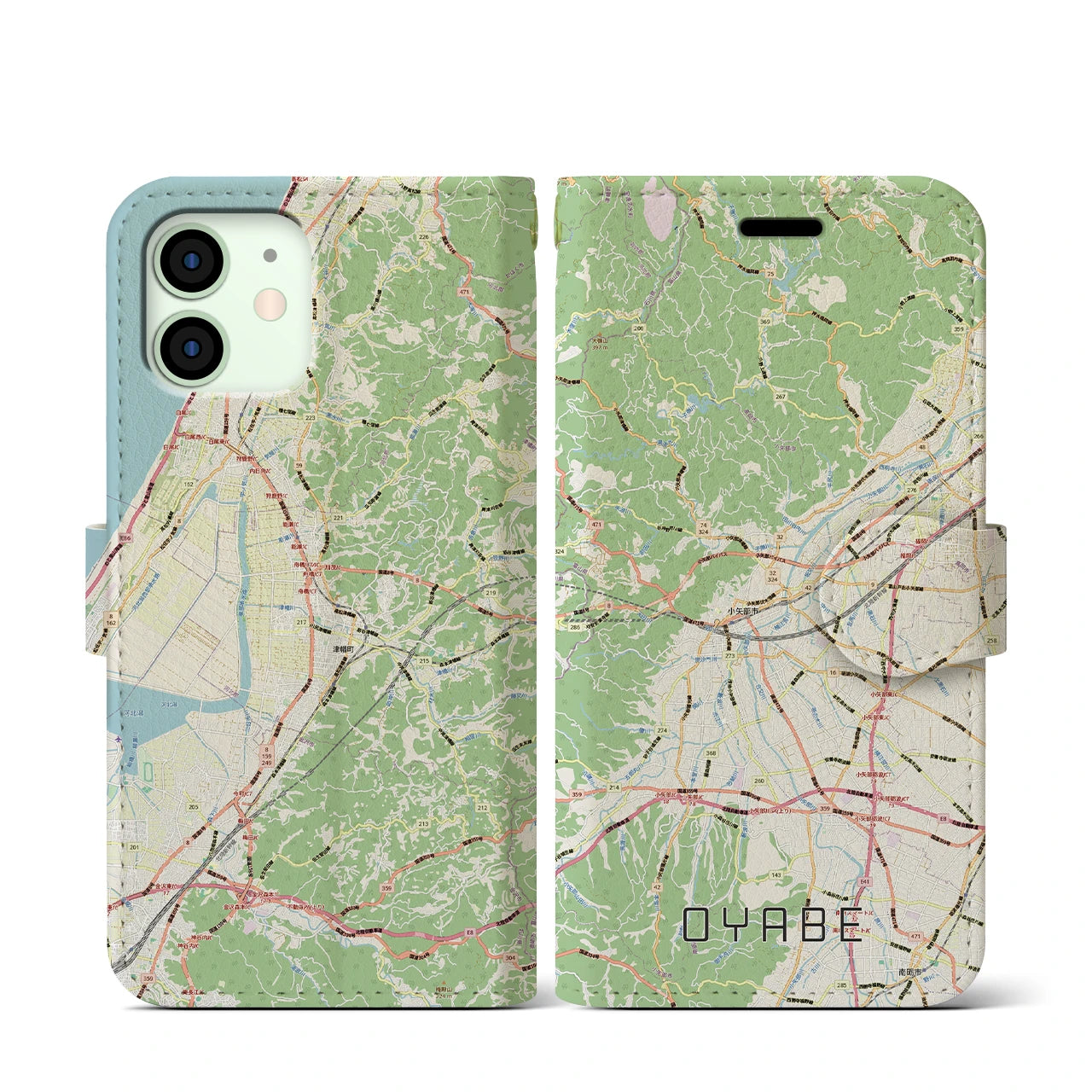 【小矢部（富山県）】地図柄iPhoneケース（手帳タイプ）ナチュラル・iPhone 12 mini 用