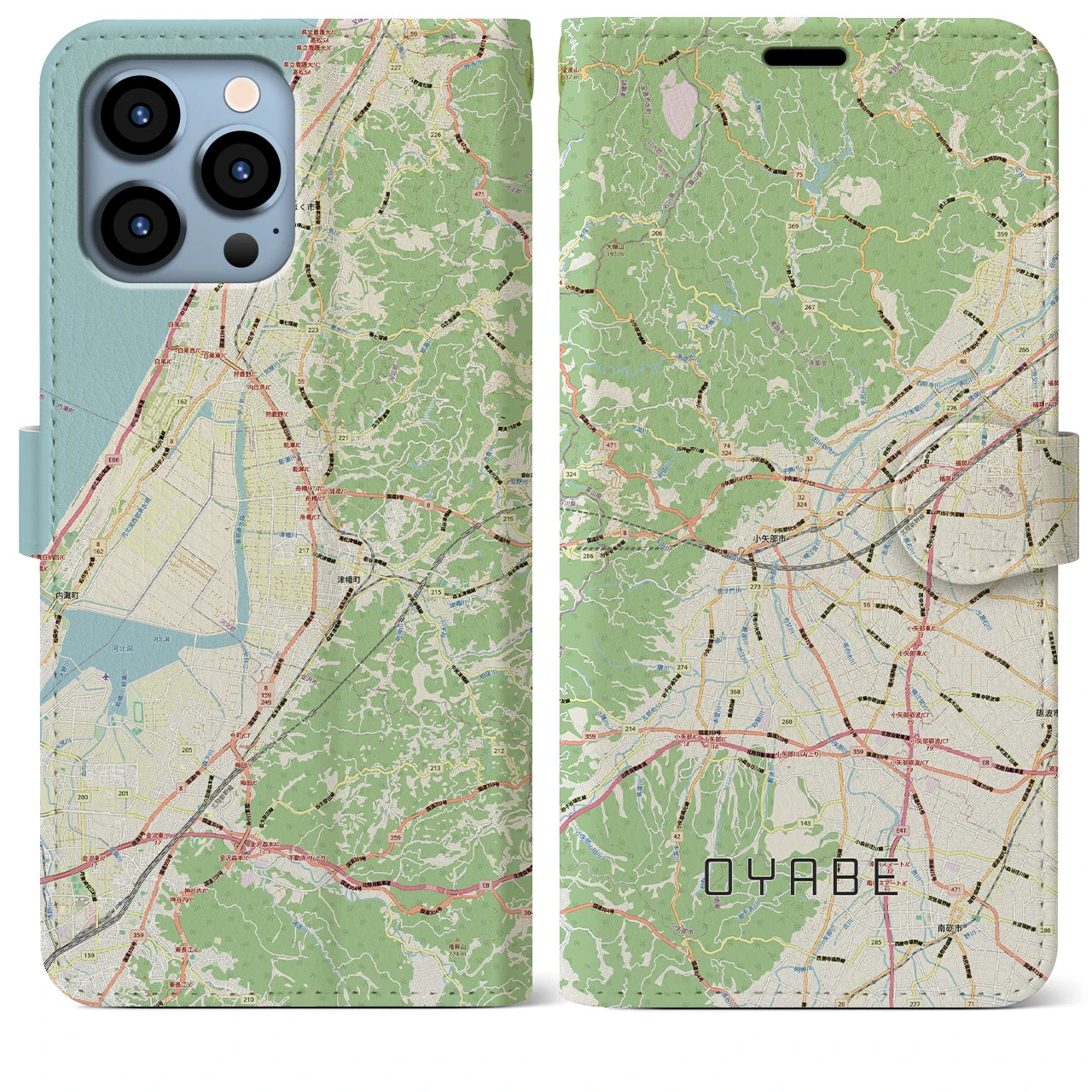 【小矢部（富山県）】地図柄iPhoneケース（手帳タイプ）ナチュラル・iPhone 13 Pro Max 用