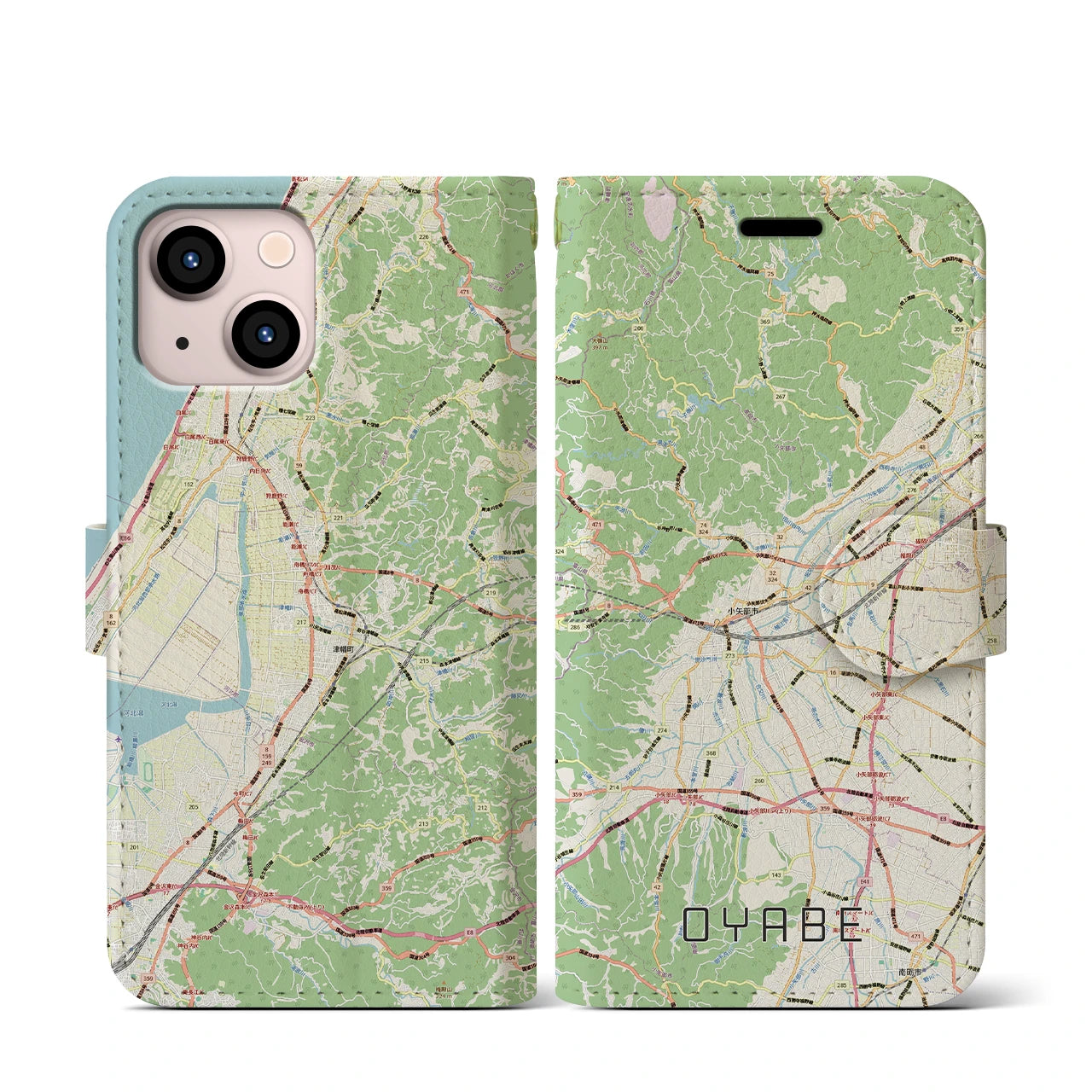 【小矢部（富山県）】地図柄iPhoneケース（手帳タイプ）ナチュラル・iPhone 13 mini 用