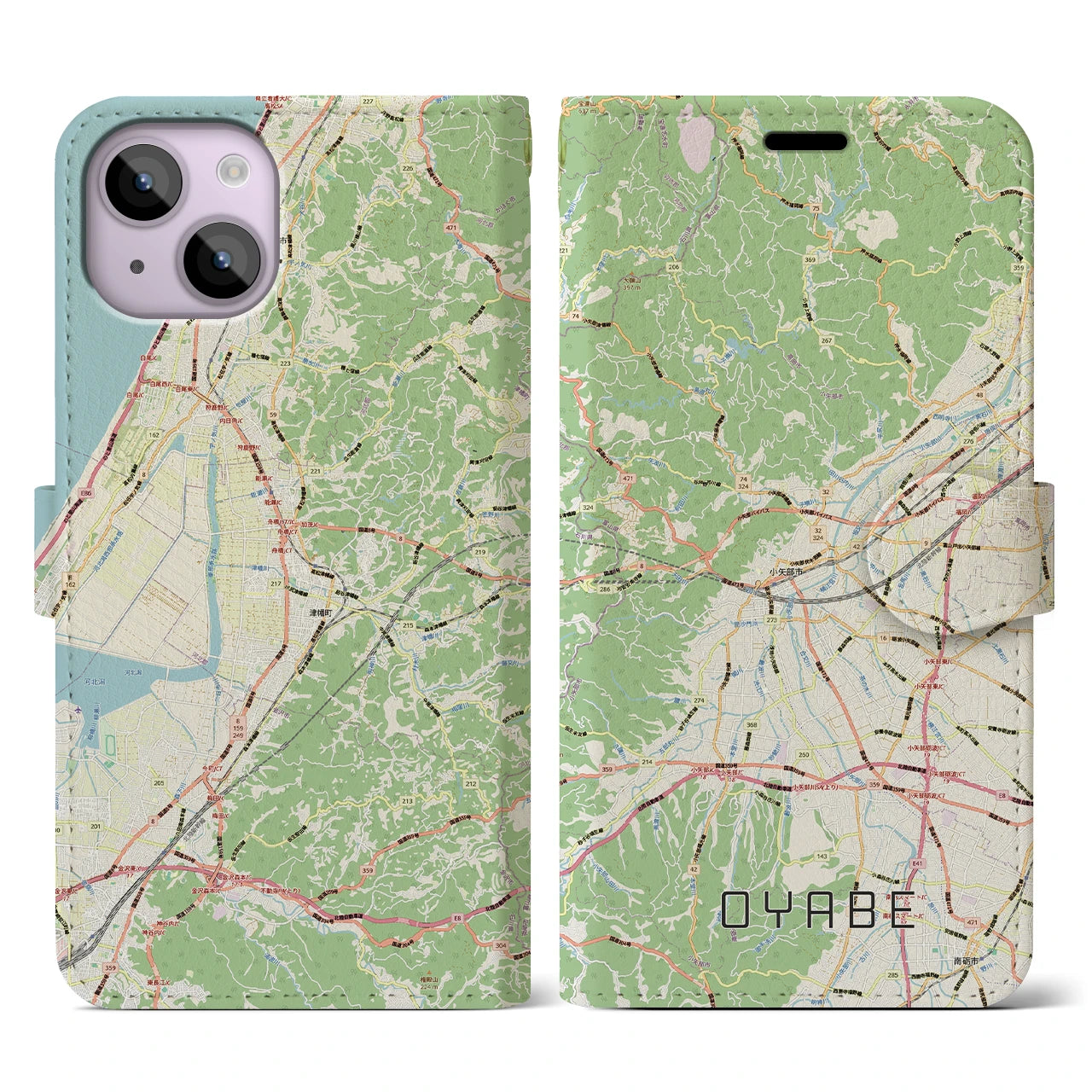 【小矢部（富山県）】地図柄iPhoneケース（手帳タイプ）ナチュラル・iPhone 14 用