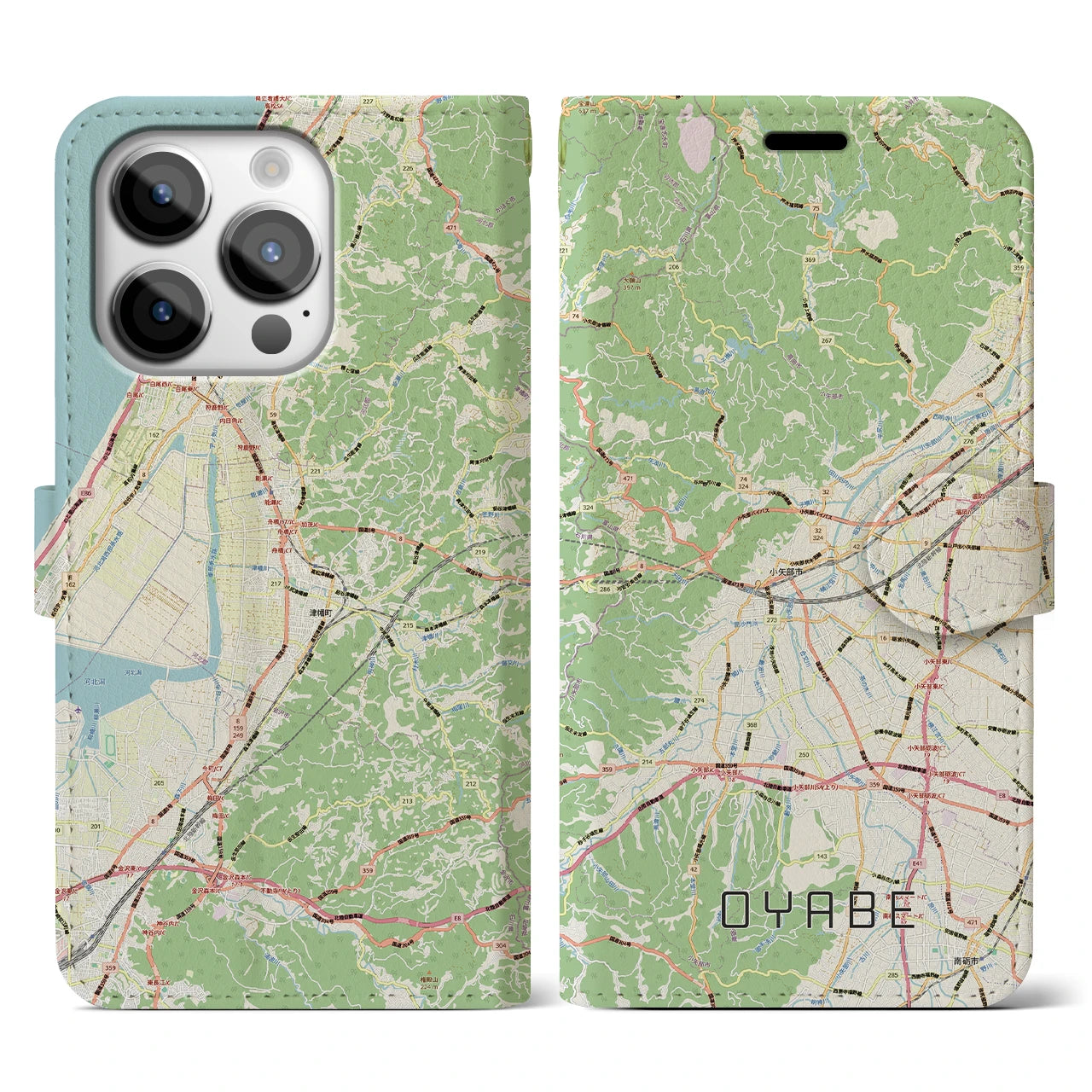 【小矢部（富山県）】地図柄iPhoneケース（手帳タイプ）ナチュラル・iPhone 14 Pro 用