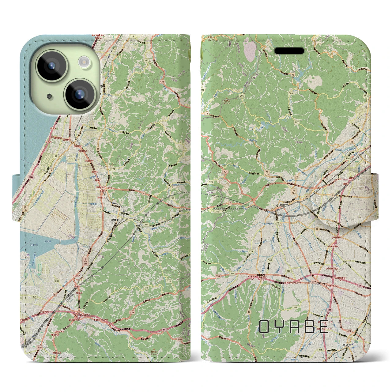 【小矢部（富山県）】地図柄iPhoneケース（手帳タイプ）ナチュラル・iPhone 15 用