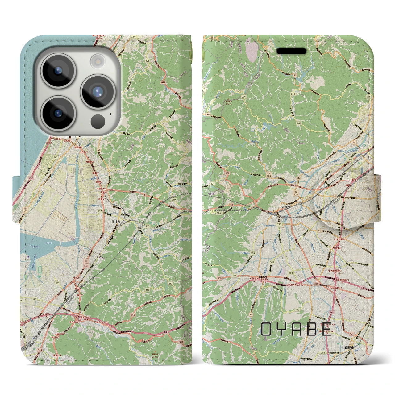 【小矢部（富山県）】地図柄iPhoneケース（手帳タイプ）ナチュラル・iPhone 15 Pro 用