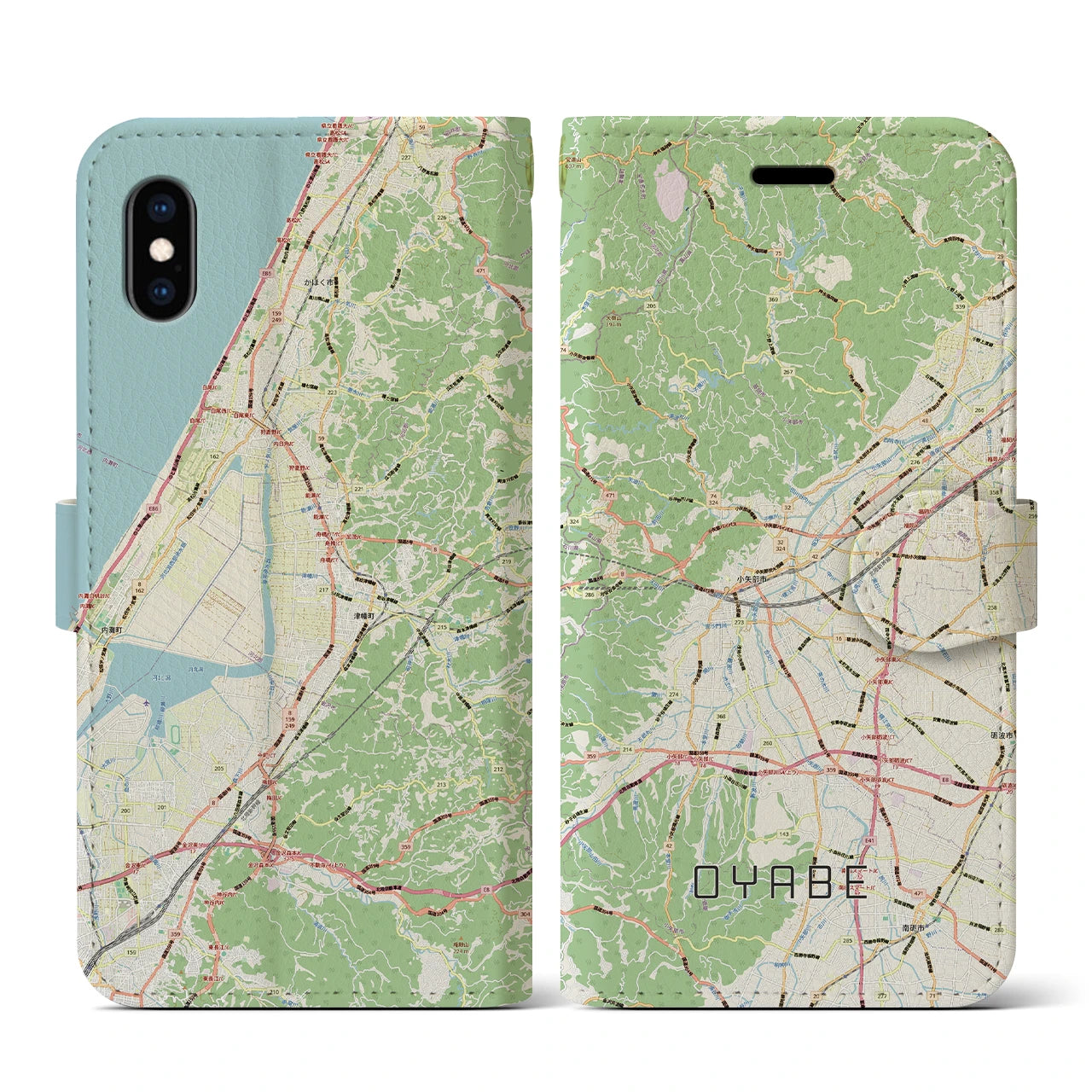 【小矢部（富山県）】地図柄iPhoneケース（手帳タイプ）ナチュラル・iPhone XS / X 用