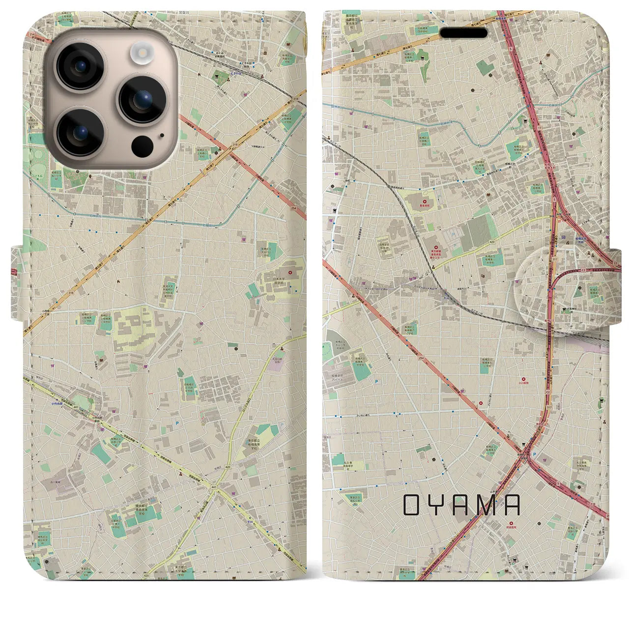 【大山（東京都）】地図柄iPhoneケース（手帳タイプ）ナチュラル・iPhone 16 Plus 用