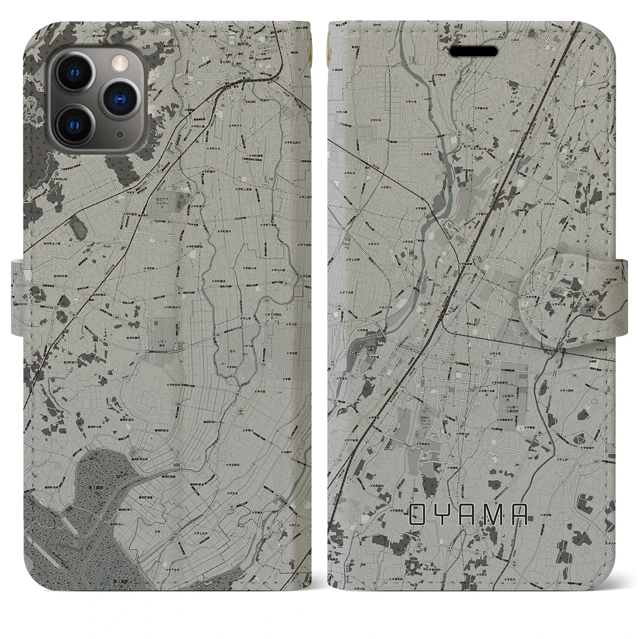 【小山】地図柄iPhoneケース（手帳両面タイプ・モノトーン）iPhone 11 Pro Max 用