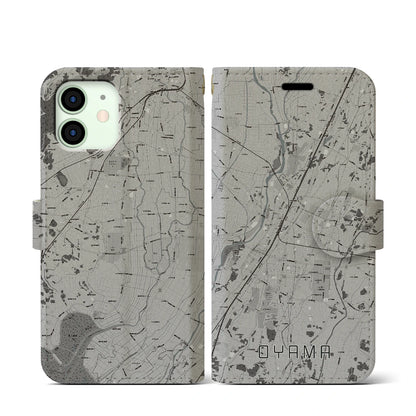 【小山（栃木県）】地図柄iPhoneケース（手帳タイプ）モノトーン・iPhone 12 mini 用